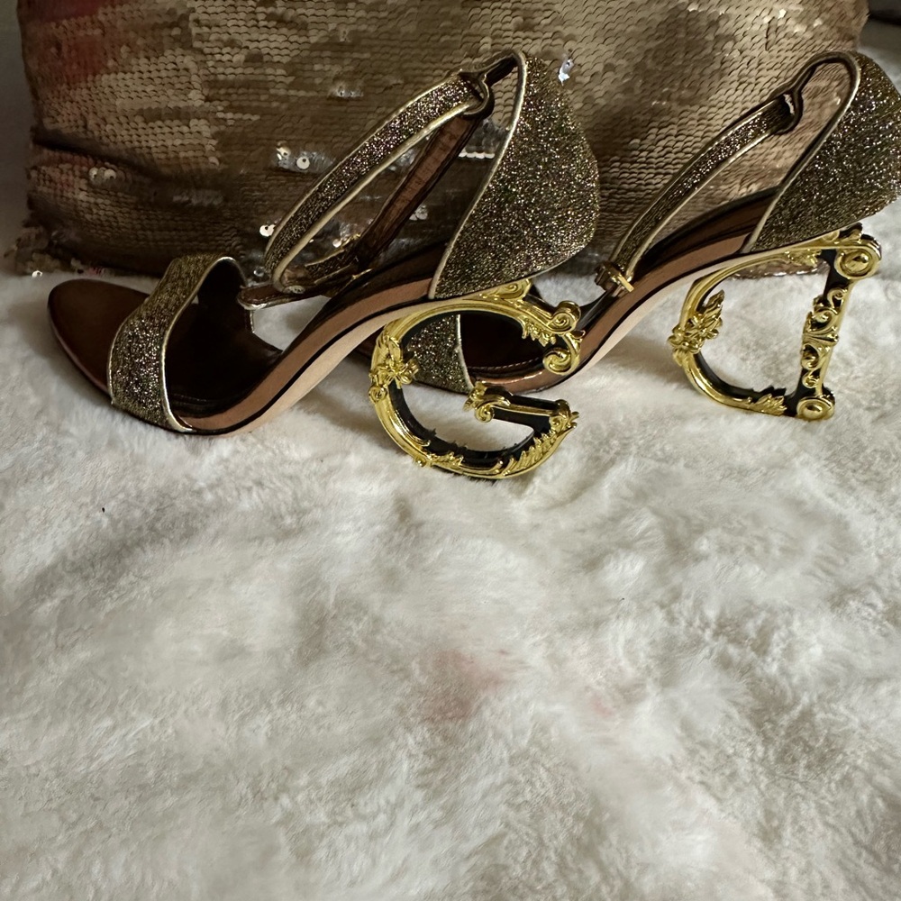 Dolce & Gabbana Gold Glitter Open-Toe High Heels with Ornate G Heel